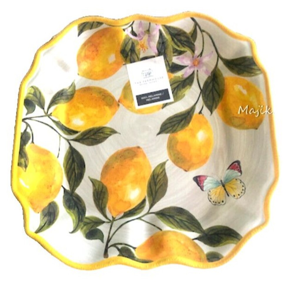 The Farmhouse Lemon Melamine Dinner Plates Square Ruffled Edge Summer Set Of 4